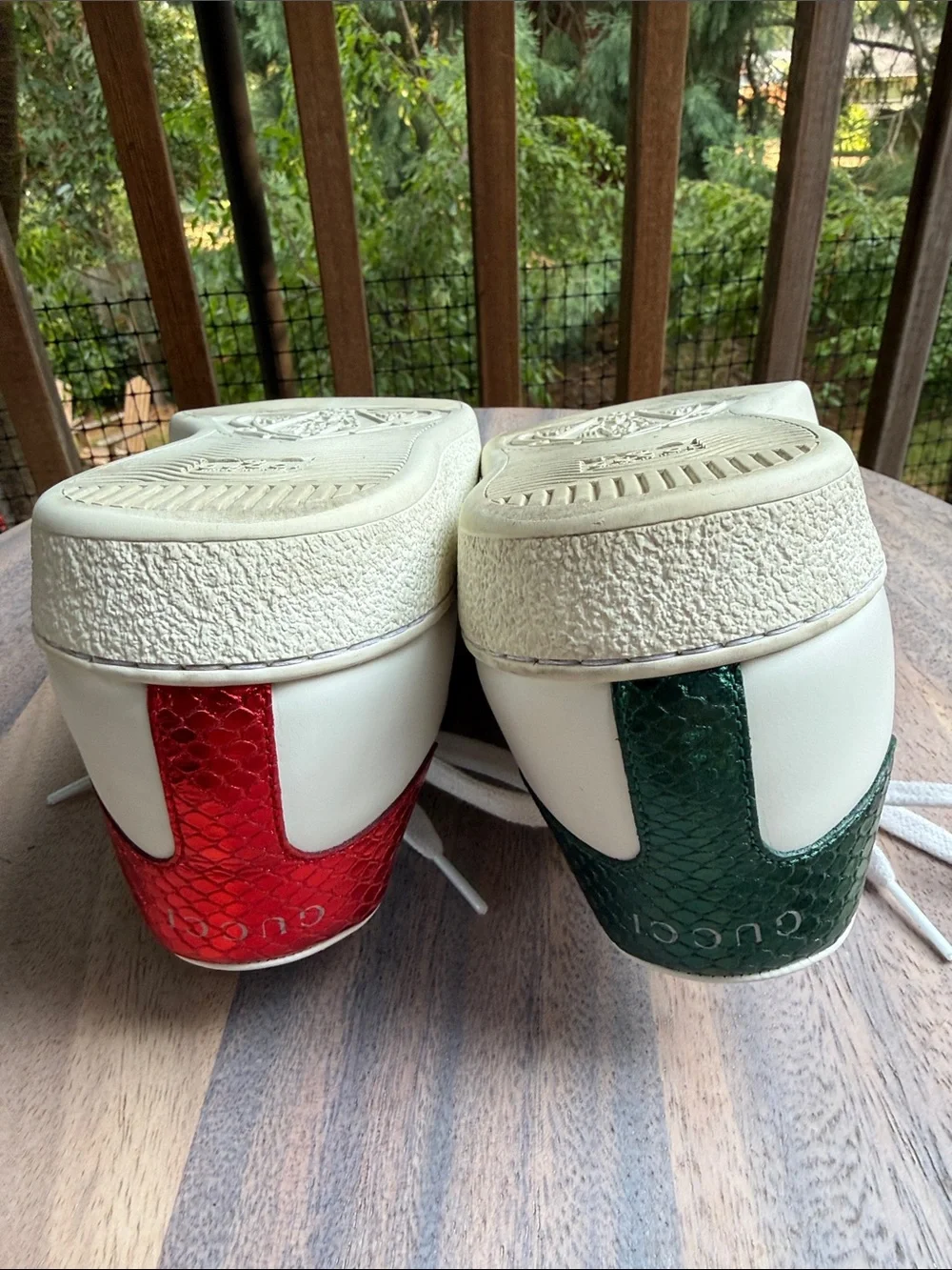 Gucci White Leather Ace Sneakers with Red & Green Web and Snake Embroidery